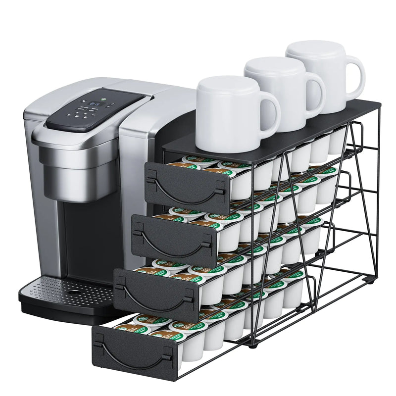 HFHOME Coffee Pod Holder For Counter Pod Holder for K-cups 4-tier Metal Coffee Capsule Storage Drawer 56 Capacity Pods Organizer for Cafe Counter Home Office or Kitchen Black